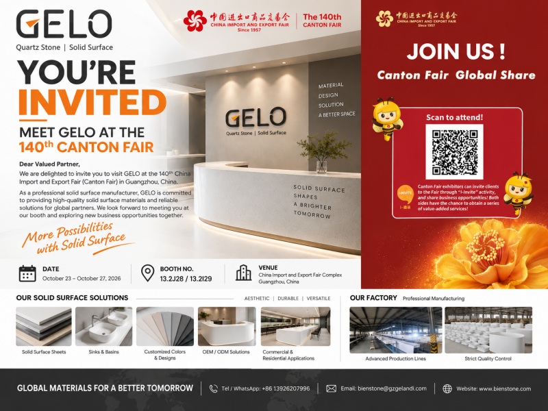 We are delighted to invite you to visit GELO Solid Surface at the 140th Canton Fair We are delighted to invite you to visit GELO Solid Surface at the 140th Canton Fair